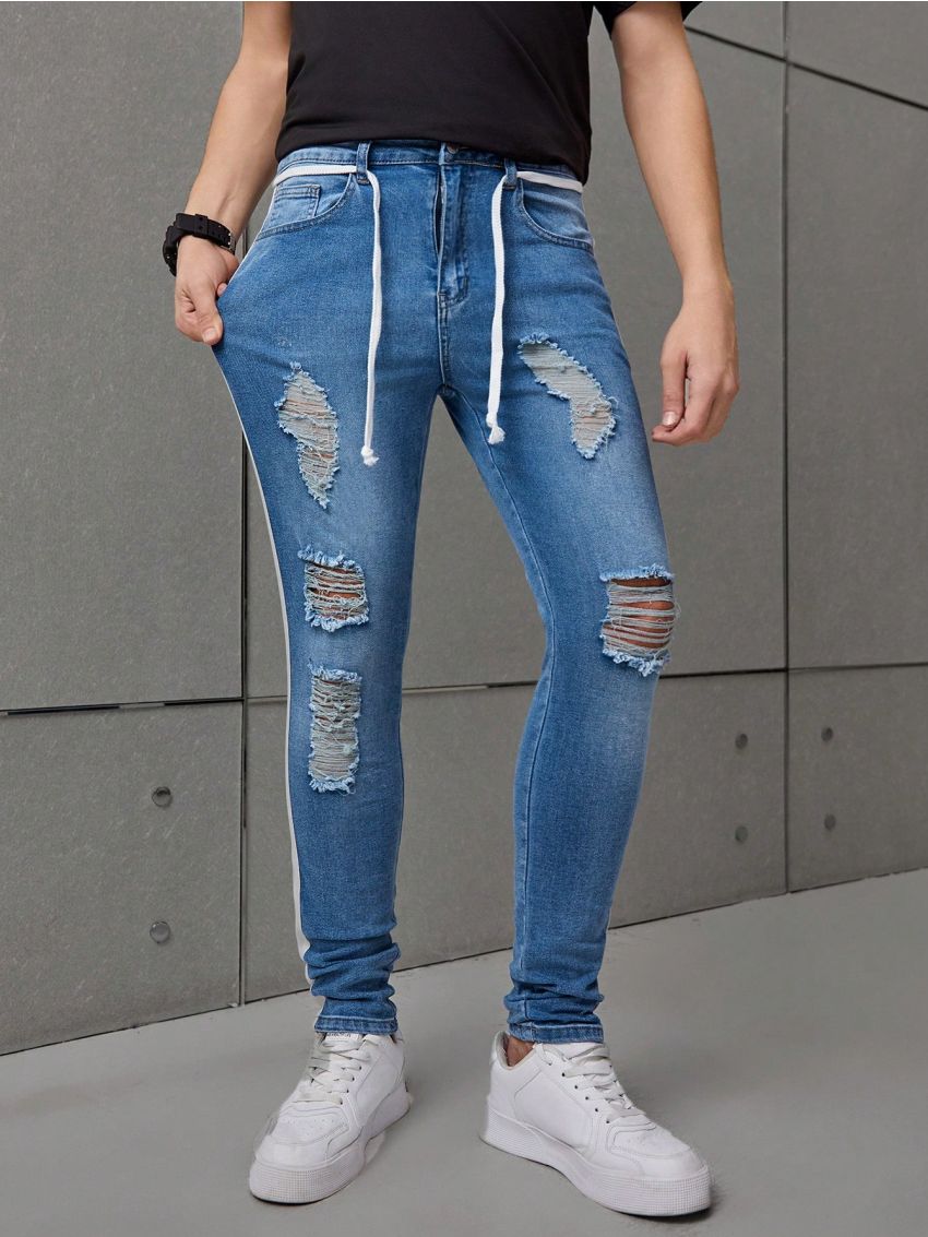 SHEIN Teenage Boys' Washed Ripped & Colorblock & Tight-Fitting & Stretch Denim Pants