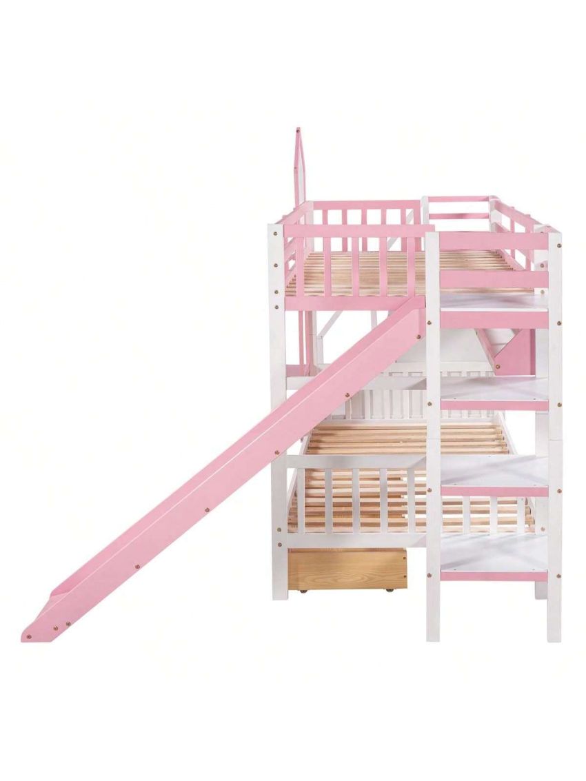 Merax Twin-Over-Twin Castle Style Bunk Bed with 2 Drawers 3 Shelves and Slide