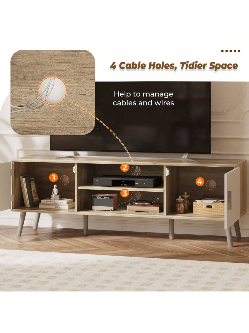 SUPERJARE TV Stand for 55 Inch TV, Entertainment Center with Adjustable Shelf, 2 Cabinets, Solid Wood Feet, 4 Cord Holes