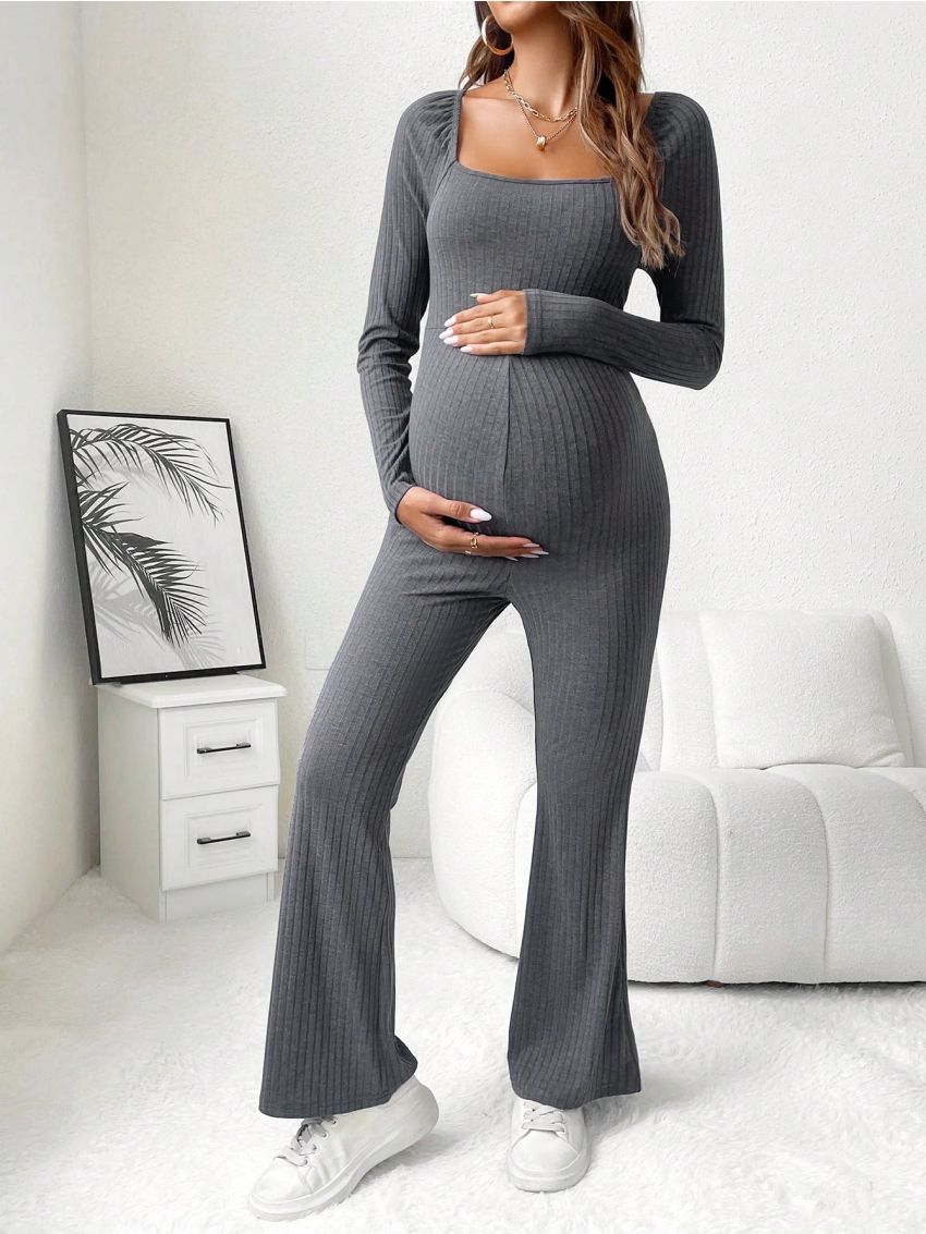 SHEIN Maternity Square Neck Ribbed Knit Flare Leg Jumpsuit