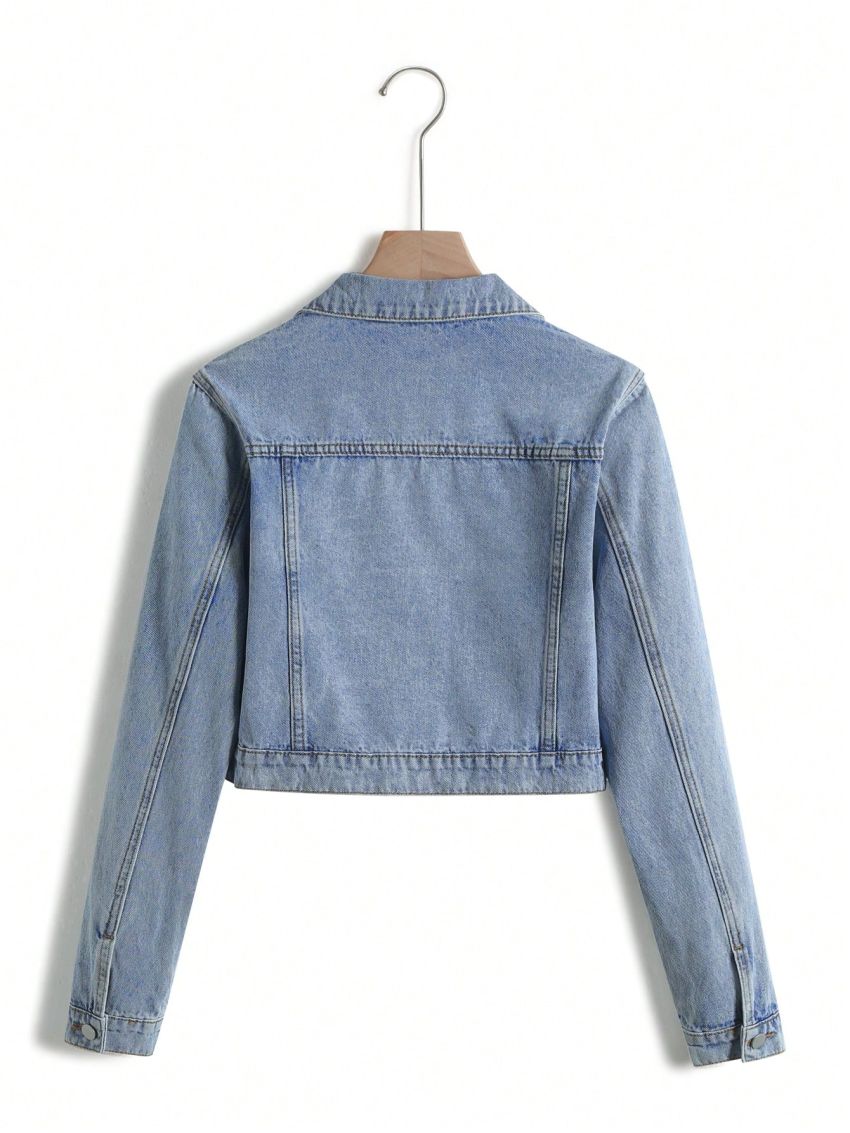 Teen Girls' Casual Basic Short Denim Biker Jacket For Daily Wear