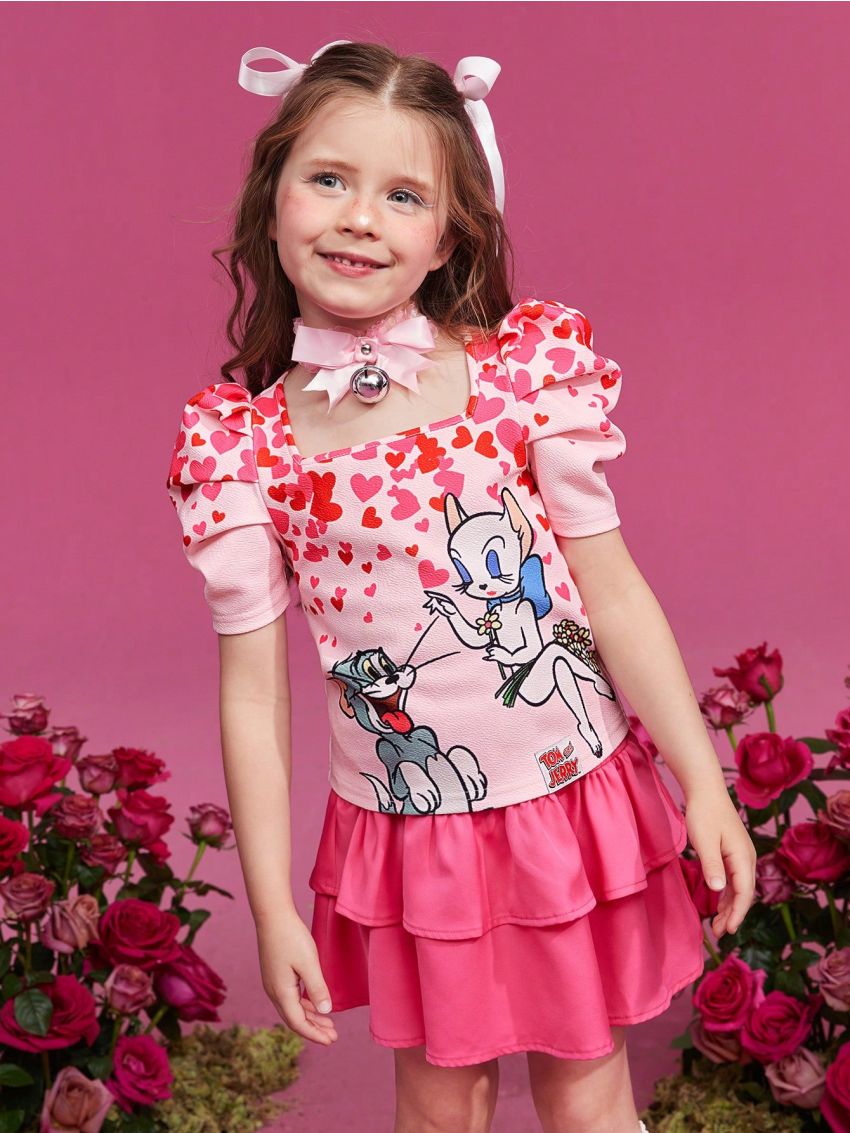 TOM & JERRY X SHEIN Young Girl Cartoon & Heart Print T-Shirt