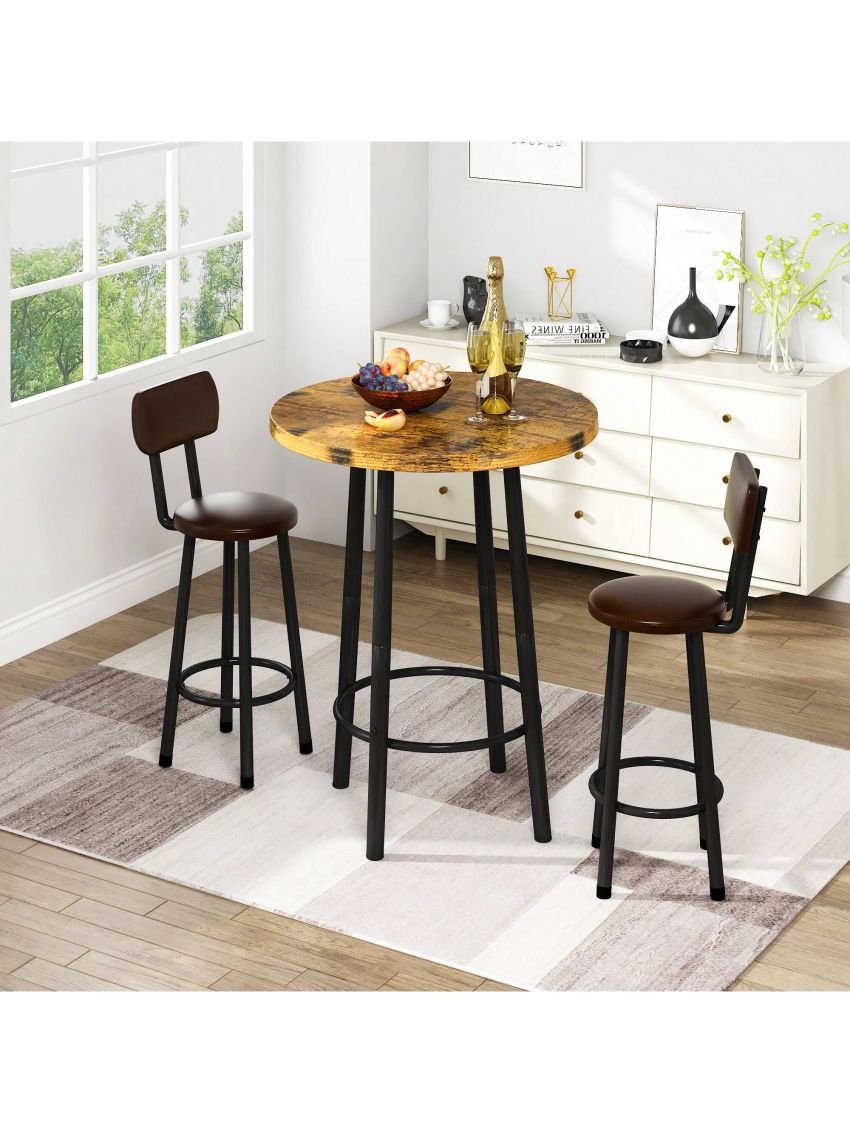 3 Piece Pub Dining Set, Modern Round bar Table and Stools for 2, Kitchen Counter Height Wood Top Bistro, Easy Assemble for Breakfast Nook, Living Room, Small Space, Restaurant