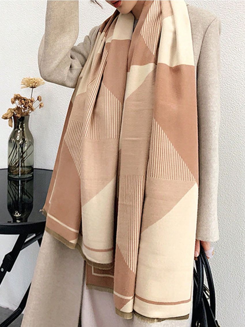 1pc Khaki Women Cashmere Feeling Color Block Long Shawl Scarf, Geometric Pattern Keep Warm Wool Fashion Scarf For Autumn Winter Daily Life Evening Dresses Travel Office Winter Wedding and gift