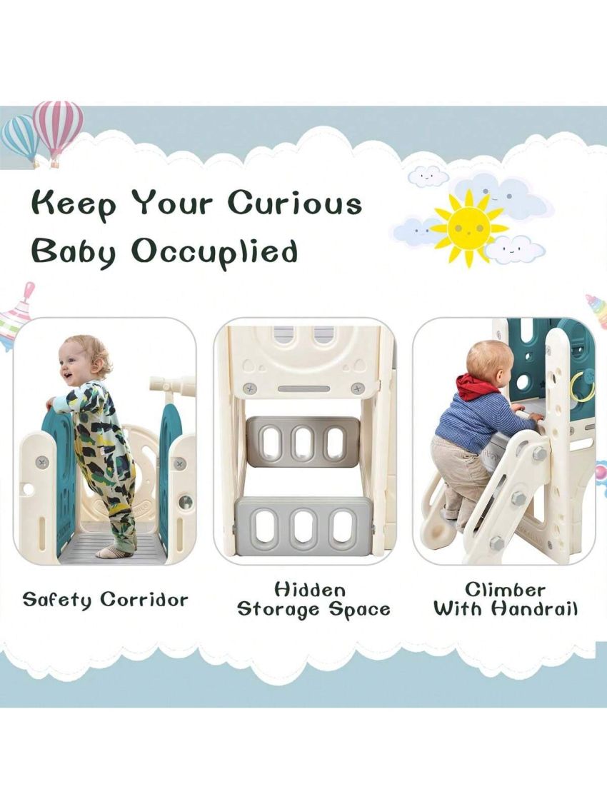 Merax Kids Slide Playset Structure, Freestanding Castle Climbing Crawling Playhouse with Slide, Arch Tunnel, Ring Toss, and Basketball Hoop, Toy Storage Organizer for Toddlers, Kids Climbers Playground