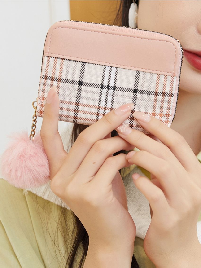 Pom Pom Decor Plaid Pattern Coin Purse