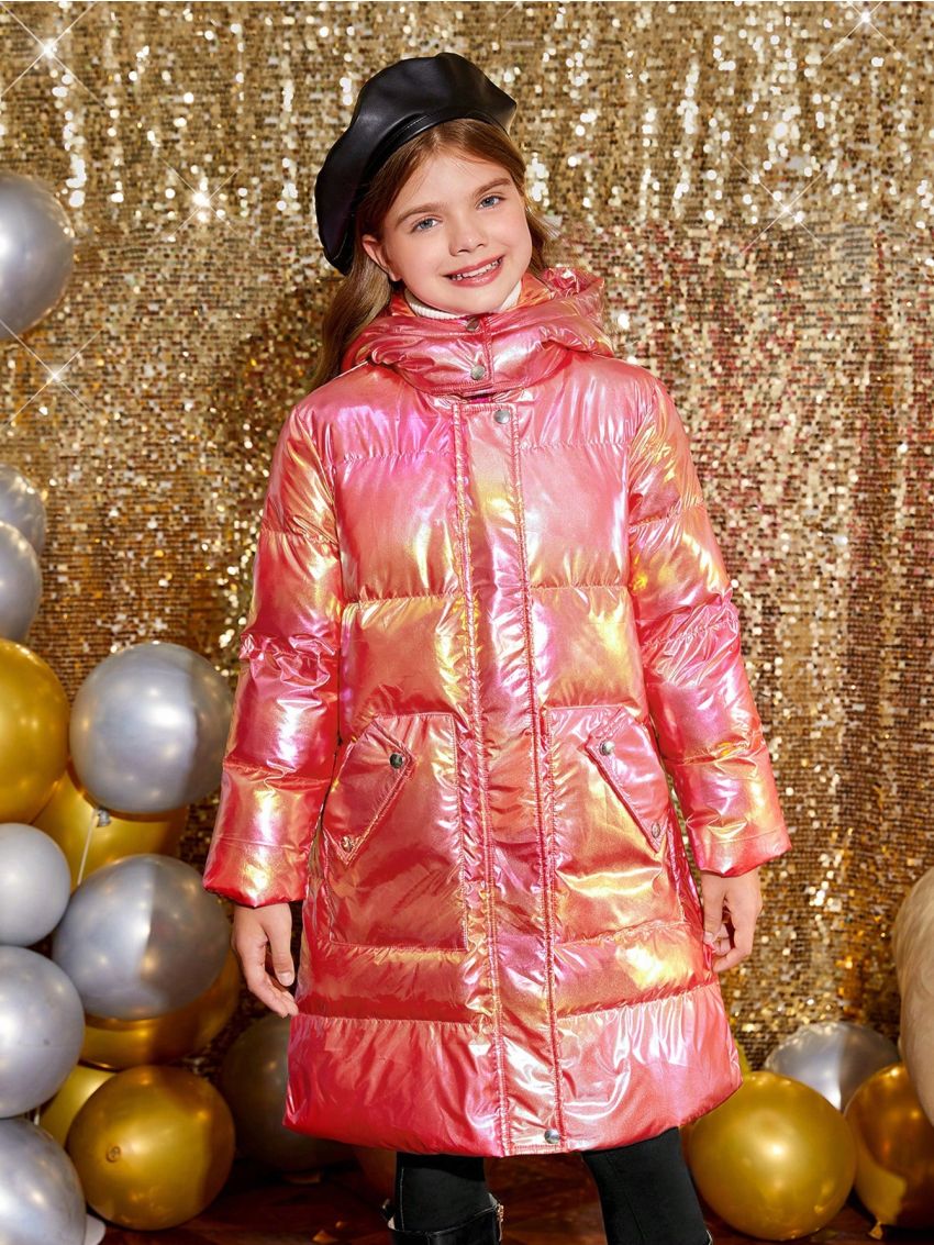 SHEIN Kids SPRTY Tween Girl Holographic Slant Pocket Hooded Puffer Coat