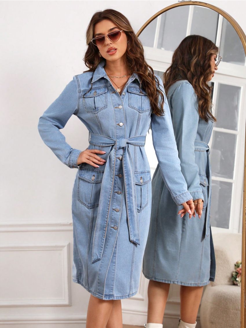 SHEIN Privé Ladies' Solid Color Denim Dress, With Belt
