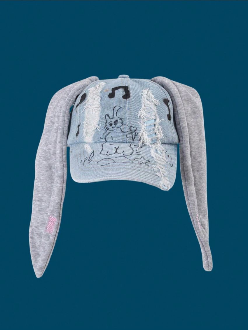 1pc Rabbit Ear Design Denim Baseball Cap With Washed Graffiti, Streetwear Trendy Distressed Hat For Dancing, Hong Kong Style