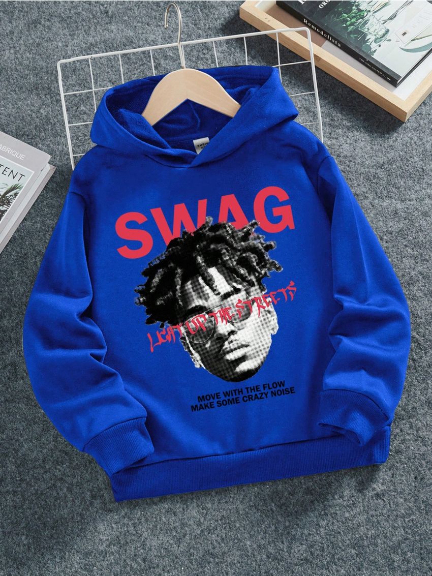 SHEIN Tween Boys' Casual Printed Hoodie With Portrait And Slogan, Long Sleeve, Suitable For Autumn And Winter