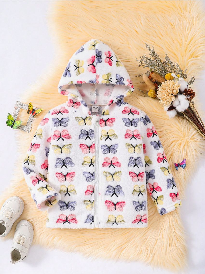 Young Girl Butterfly Print Hooded Coat