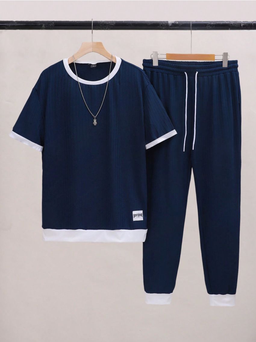 Men'S Round Neck Short Sleeve T-Shirt And Long Pants Set With Patchwork Edge