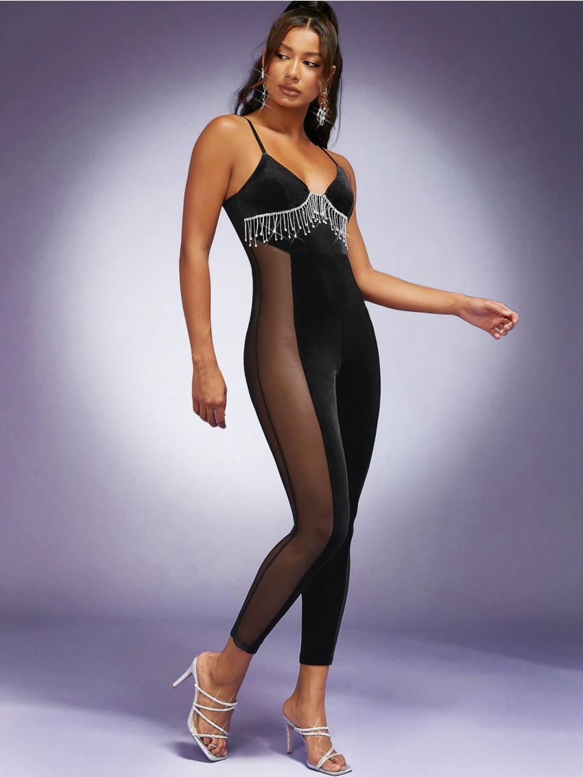 Andante USA Rhinestone Detail Mesh Insert Cami Unitard Jumpsuit