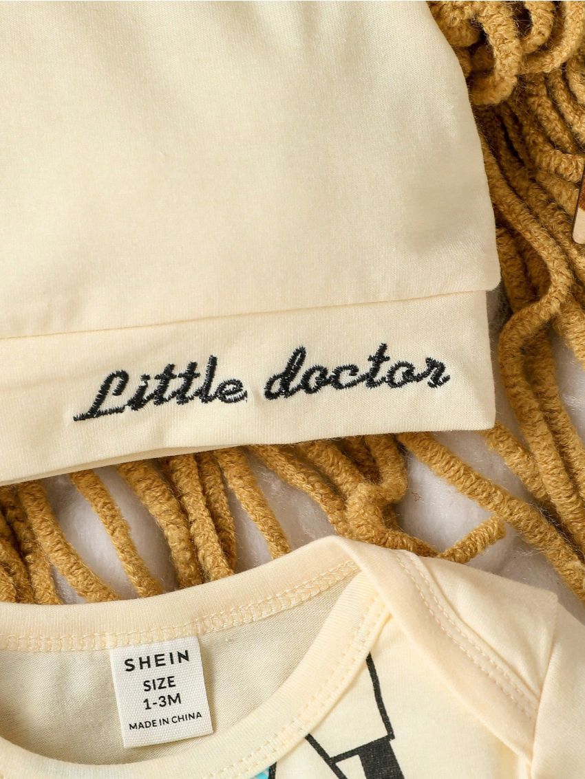 SHEIN Baby Boys' Cosplay Doctor Printed Long Sleeve Romper With Cap, Daily & Party Outfits For Autumn