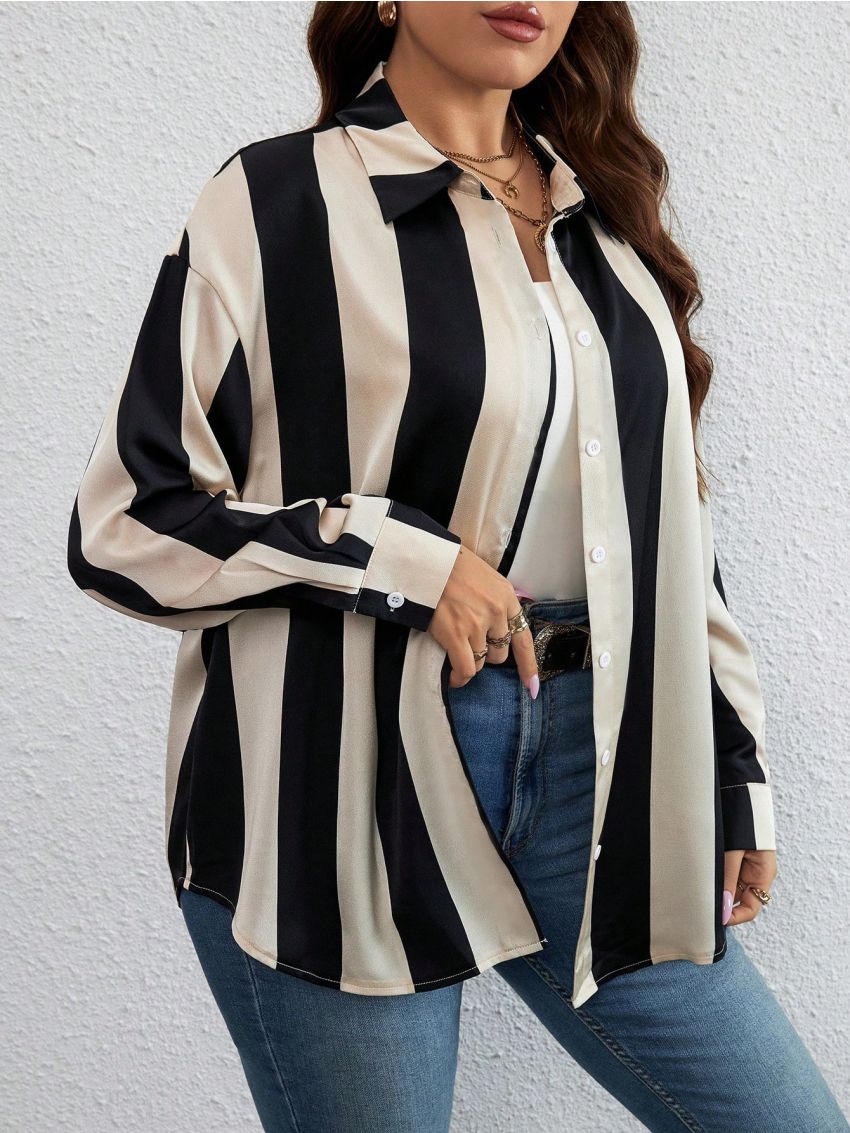 SHEIN Privé Plus Striped Print Drop Shoulder Shirt