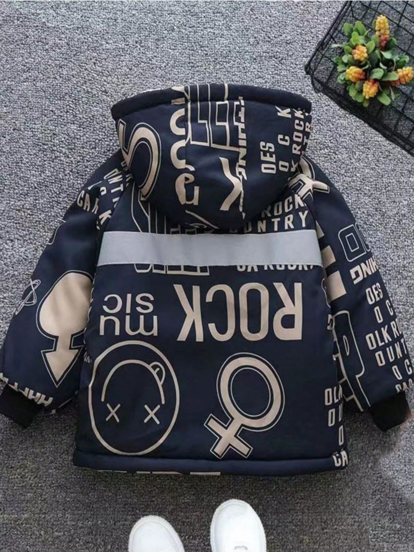 Young Boys' Cartoon Letter Print Fleece Hooded Jacket