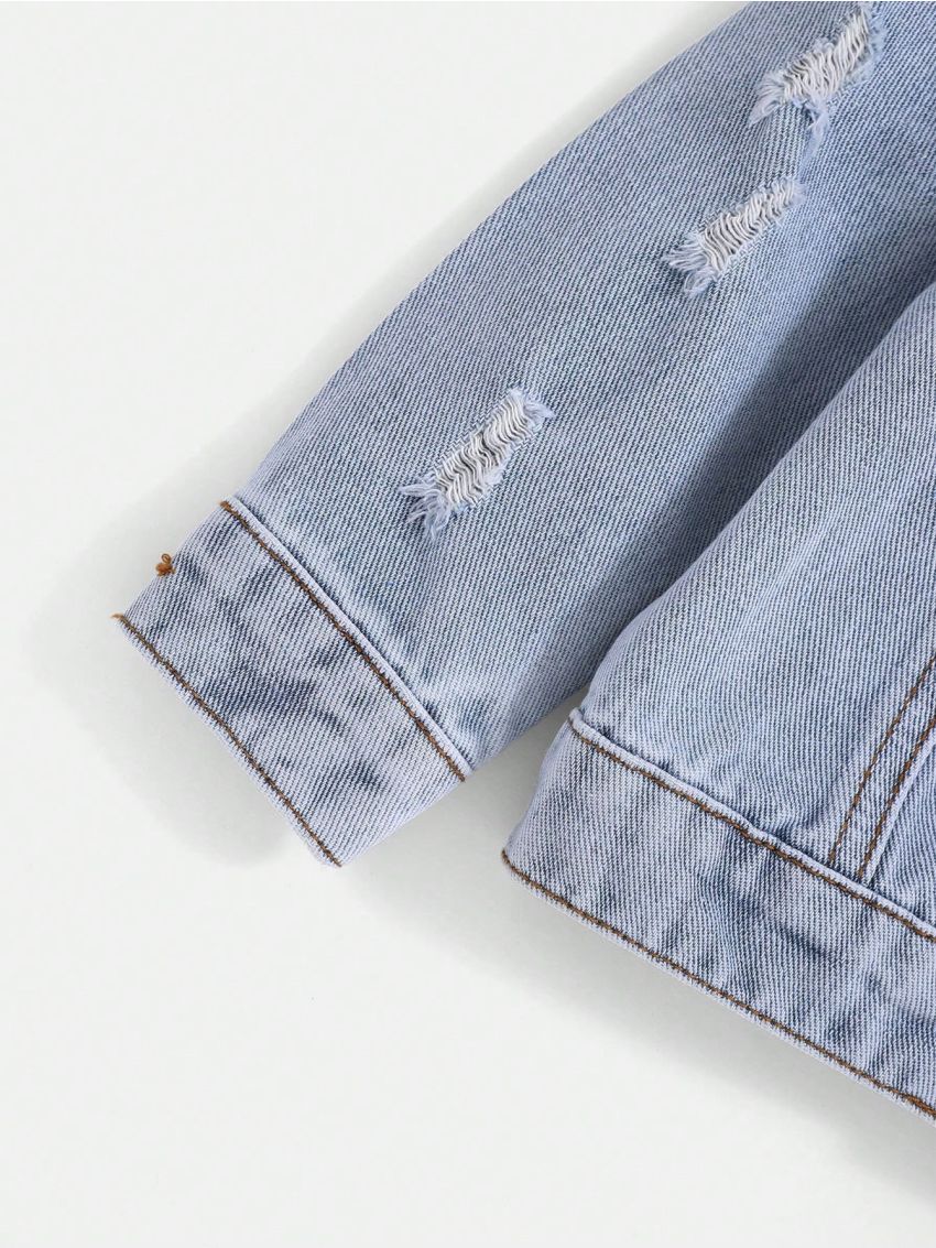 SHEIN Baby Boy Bleach Wash Ripped Flap Pocket Denim Jacket