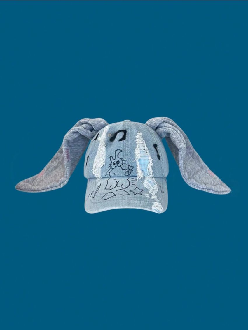 1pc Rabbit Ear Design Denim Baseball Cap With Washed Graffiti, Streetwear Trendy Distressed Hat For Dancing, Hong Kong Style