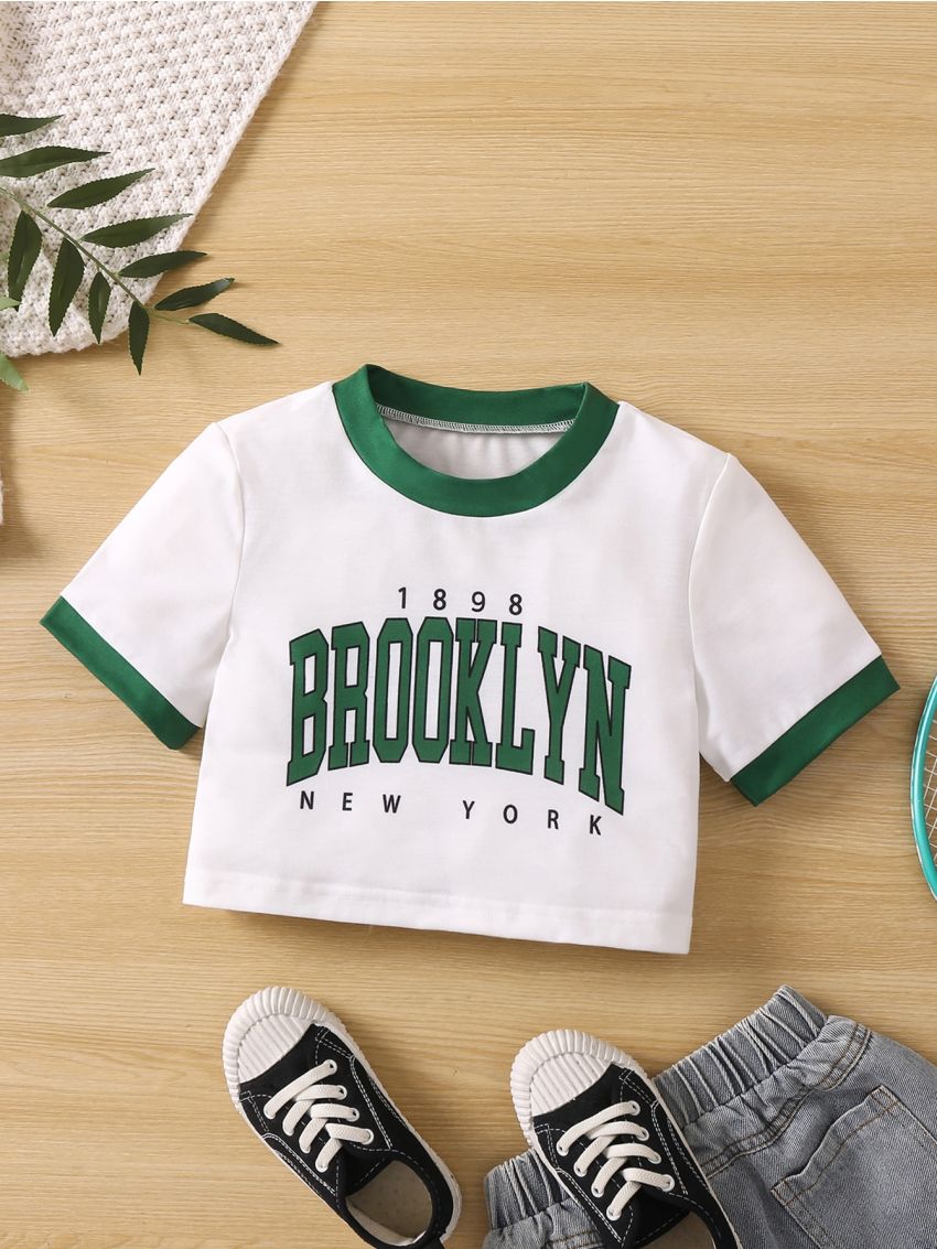 SHEIN Tween Girl White Alphabet Sports Style Simple Fashionable Basic Short Sleeve T-shirt With Round Neck For Summer