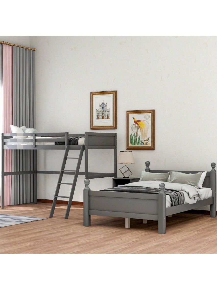 MISSUNNY Twin over Full Loft Bed with Cabinet, Gray