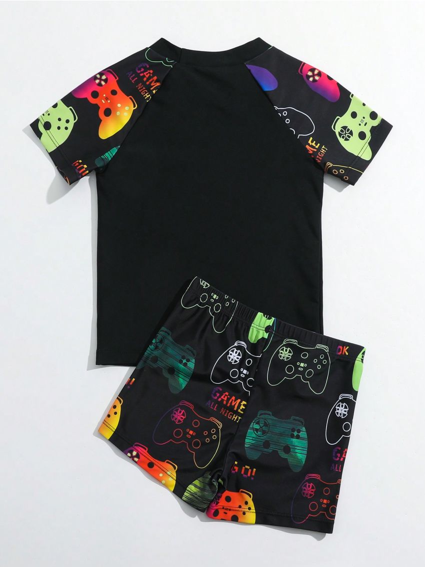 Little Boys' Video Game Console & Letter Print Short Sleeve Shorts Separate Swimwear