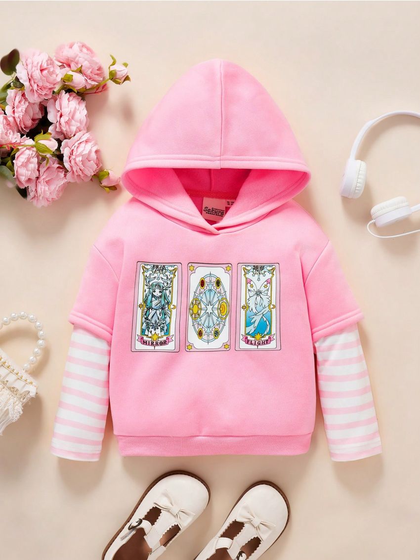 CARDCAPTOR SAKURA | SHEIN Young Girl Cartoon Print Contrast Stripe Hooded Sweatshirt