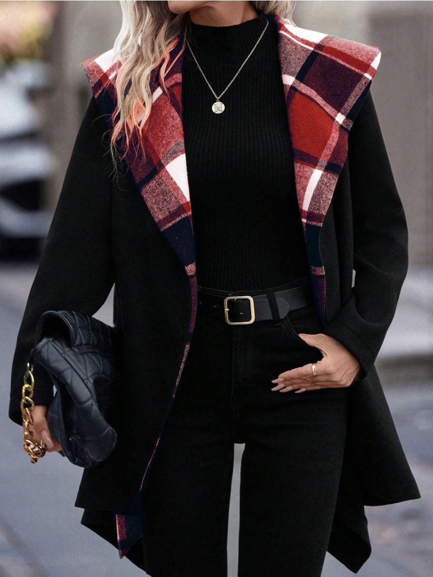 Women's Plaid Patchwork Shawl Collar Hooded Woolen Coat With Belt