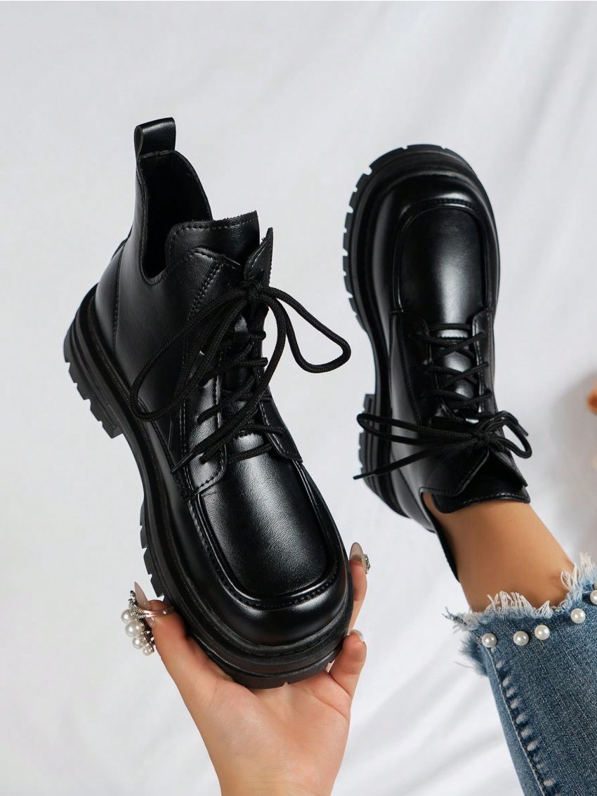 Lace-up Thick Heel & Platform Casual Short Boots Women's Fashionable Moto Boots