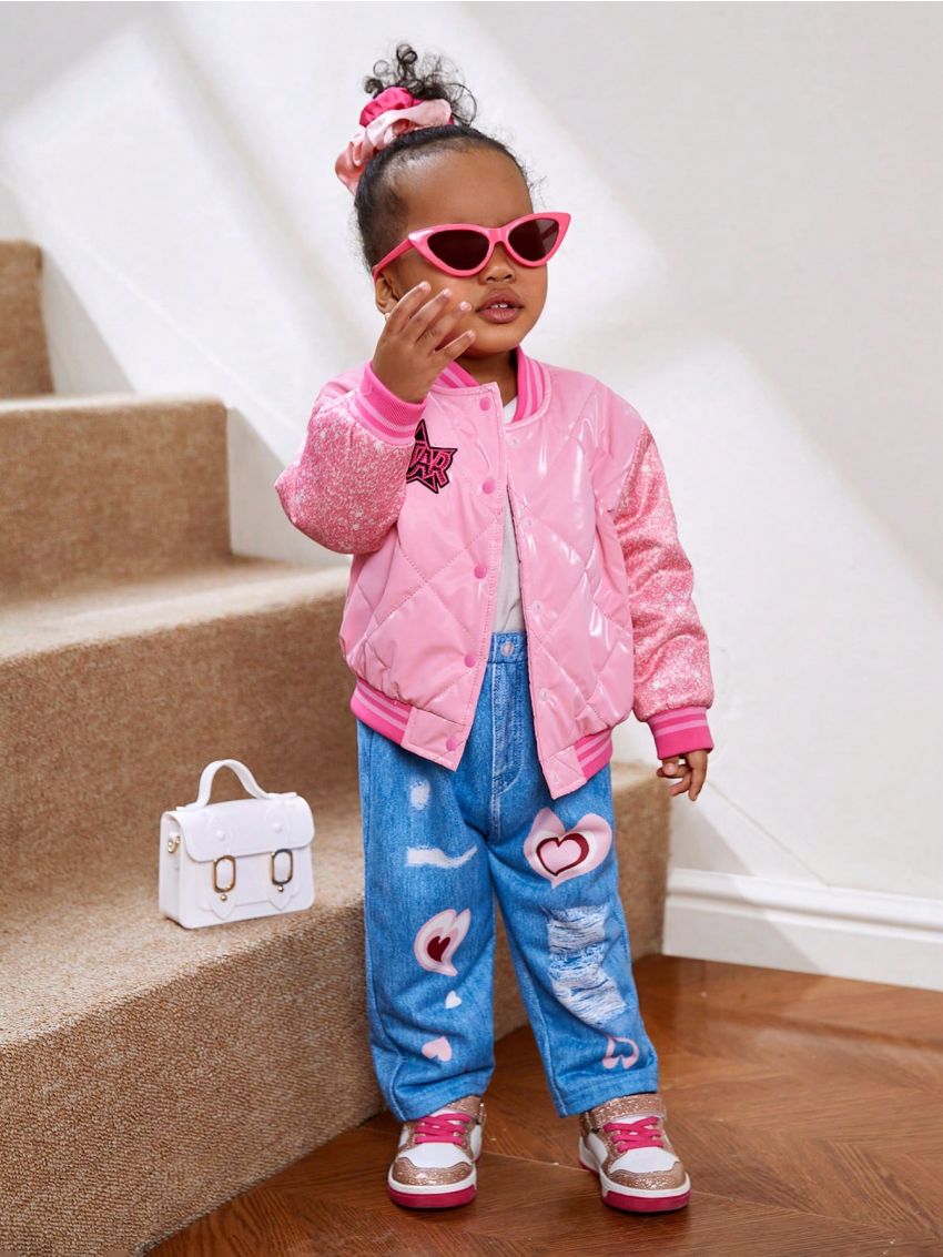 SHEIN Baby Girls' Street Style Diamond Grid Faux Sequin Patterned Fleece Jacket