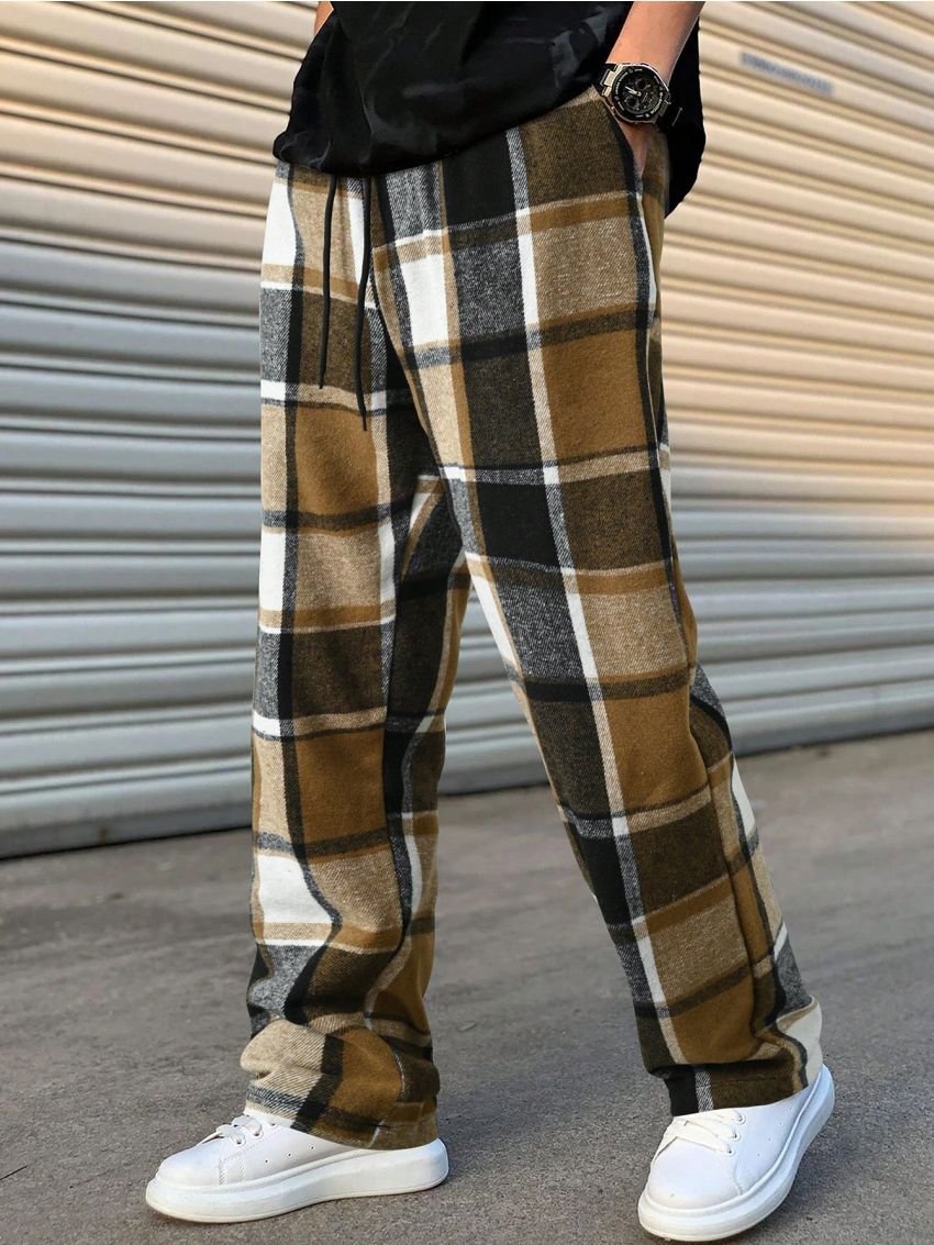 Manfinity Hypemode Men's Plaid Drawstring Waist Slant Pocket Straight Pants