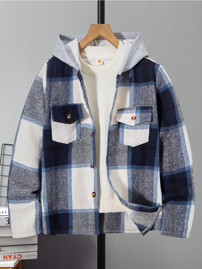 Tween Boy Plaid Print Flap Pocket Hooded Coat Without Tee