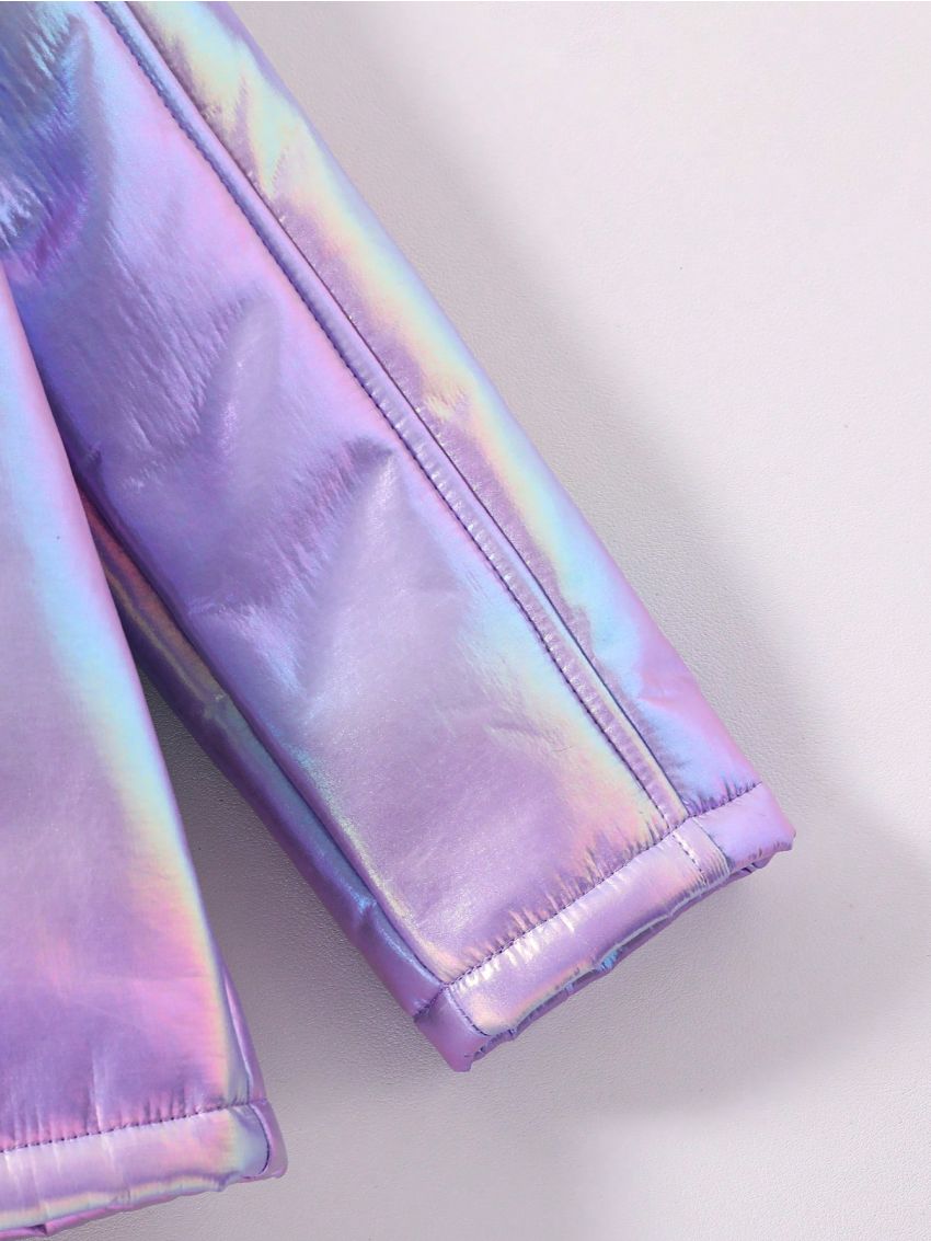 Young Girl Unicorn Patched Teddy Lined Holographic Hooded Coat