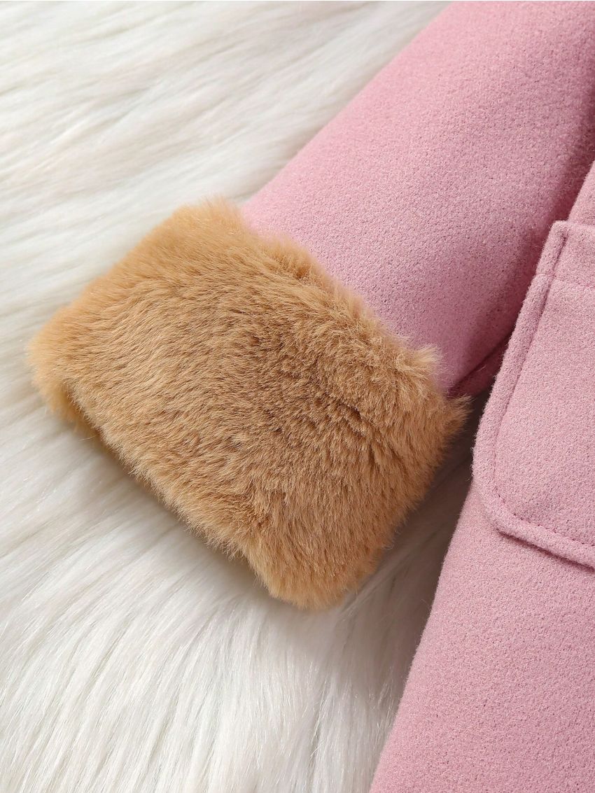 Baby Girls' Pink Double-breasted Woolen Coat With Fur Sleeves And Double Pockets