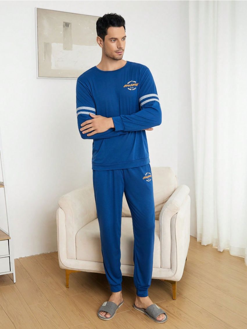 Men Letter Graphic Striped Trim Sweatshirt & Sweatpants