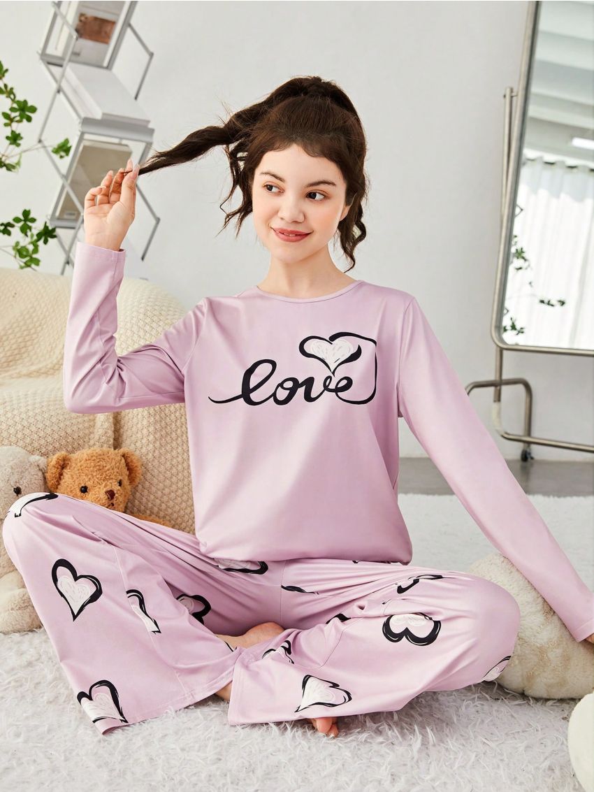 SHEIN Teenage Girls' Knitted Letter & Heart Pattern T-shirt And Long Pants Casual Home Outfit