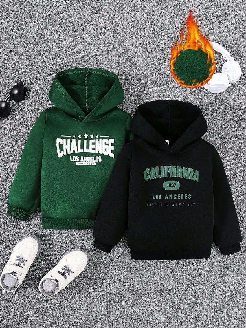 SHEIN Toddler Boys' Casual Hooded Letter Print Sweatshirt And Pants Set