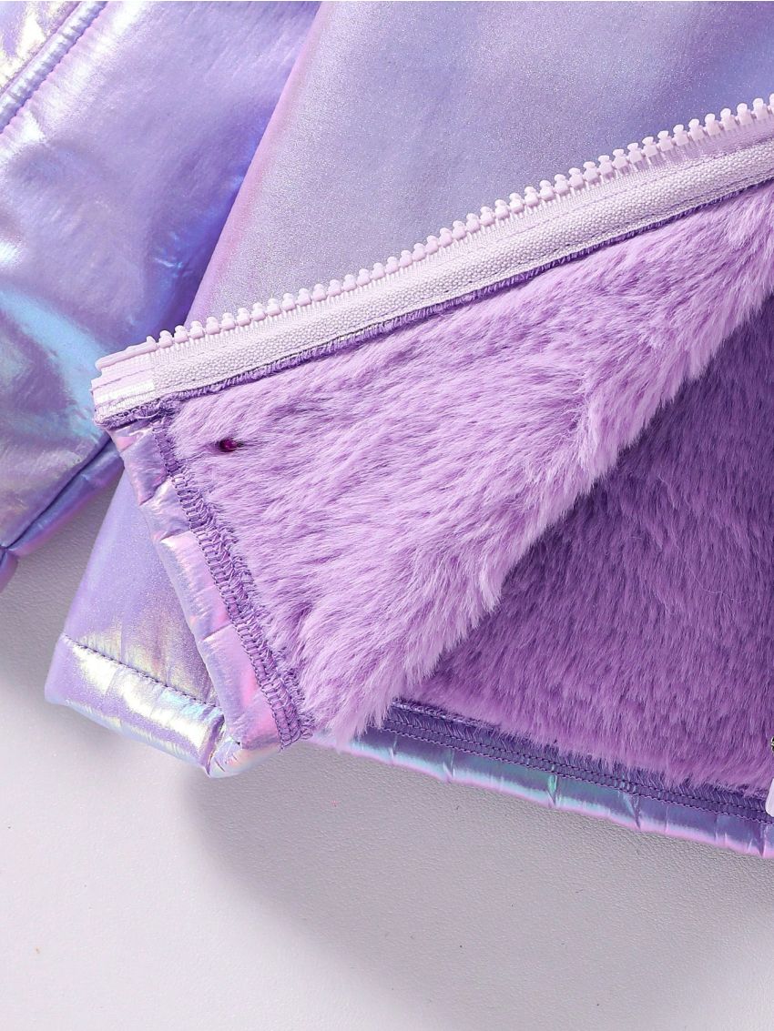 Young Girl Unicorn Patched Teddy Lined Holographic Hooded Coat