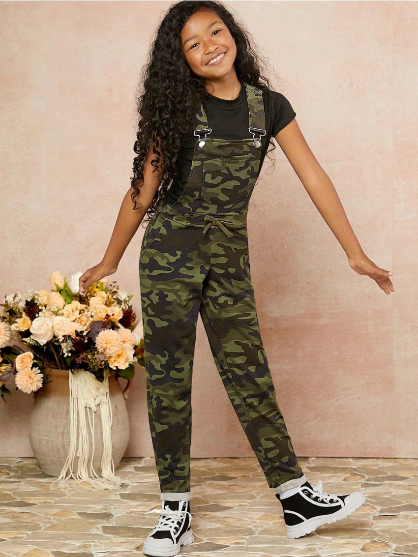 Girls Camo Print Pocket Drawstring Waist Jumpsuit
