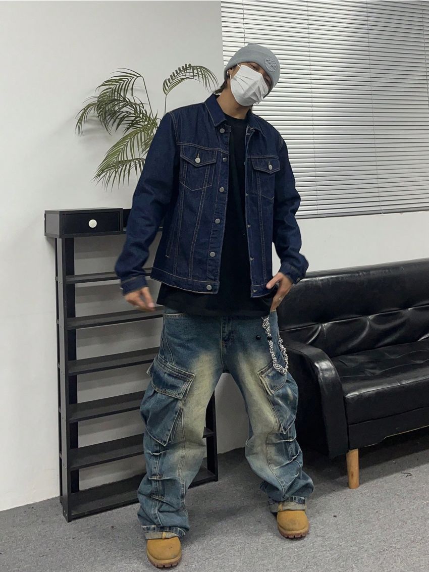 Men's Outer Seam Decor Double Pocket Design Denim Jacket