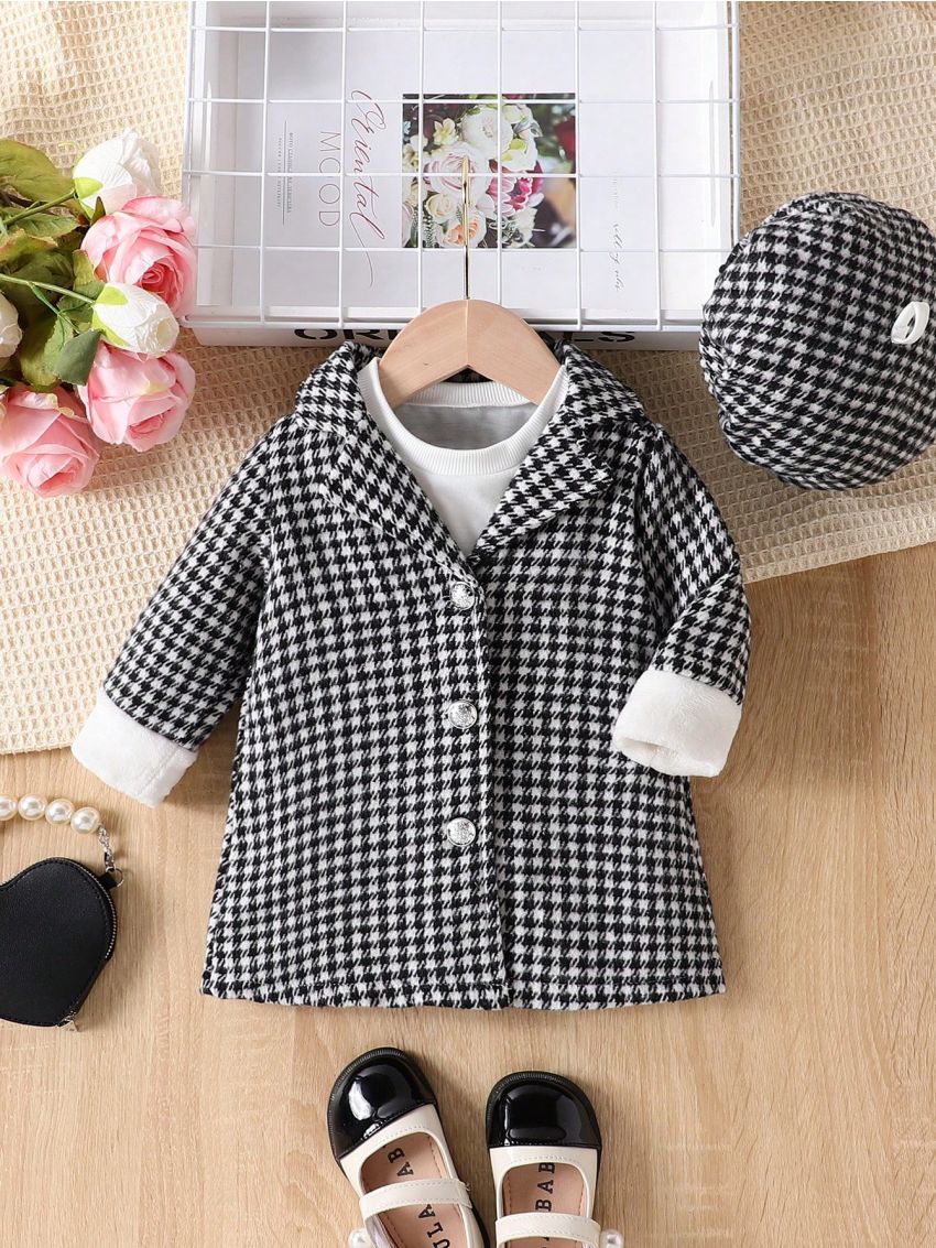Infant Girls' Simple And Elegant Long Sleeve Warm Houndstooth Woolen Coat