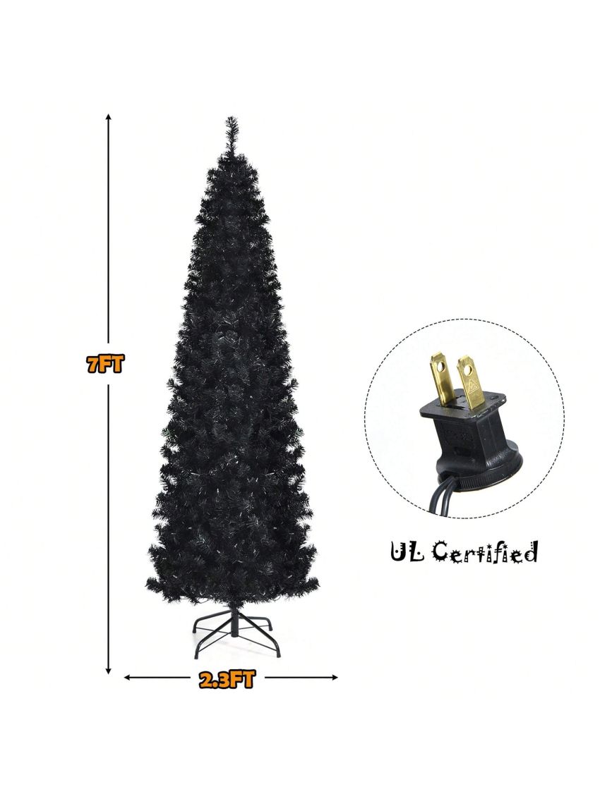 Gymax 6/7 FT Pre-lit Black Christmas Tree Artificial PVC Slim Pencil Halloween Tree