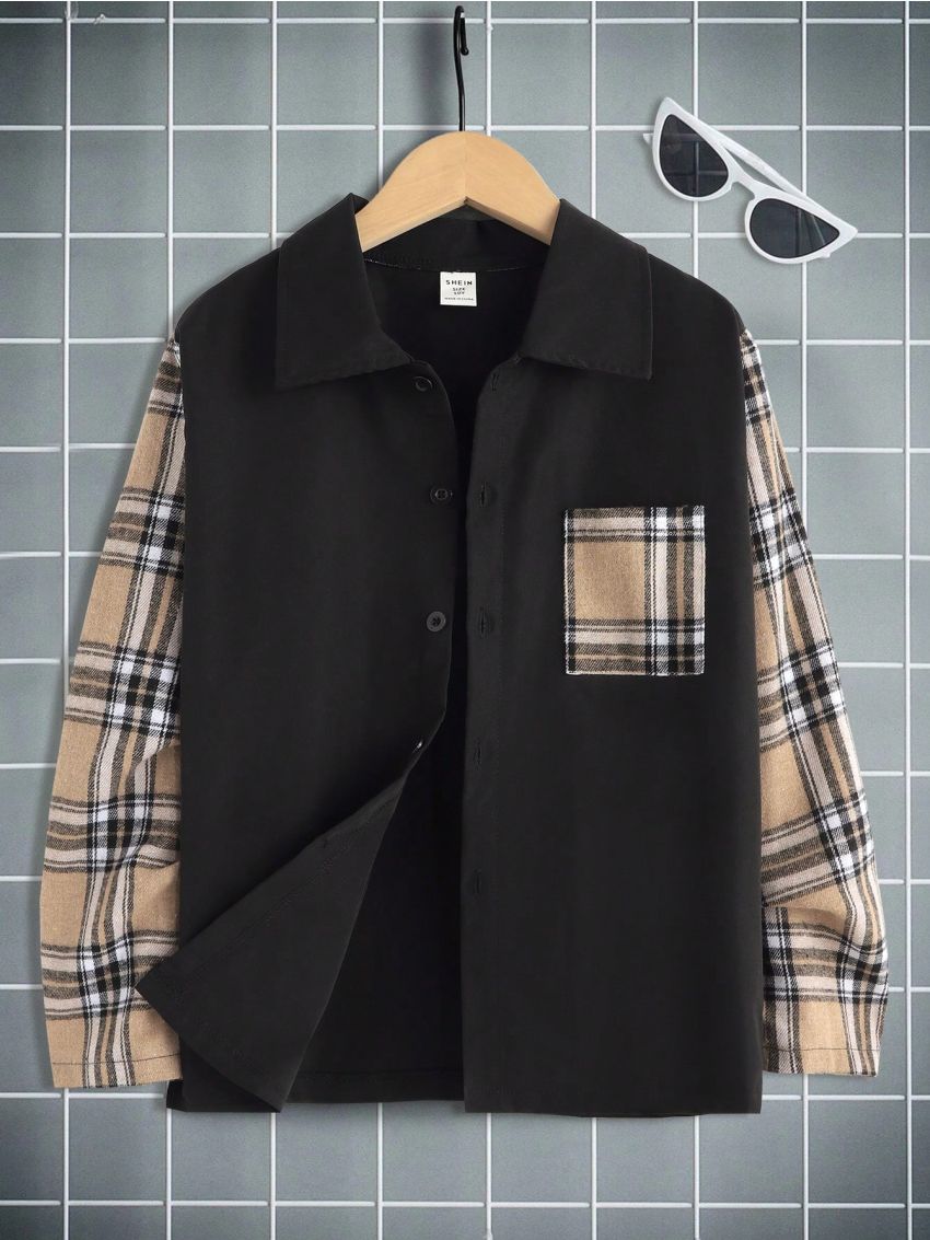 SHEIN Tween Boys' Plaid Patchwork Long Sleeve Shirt