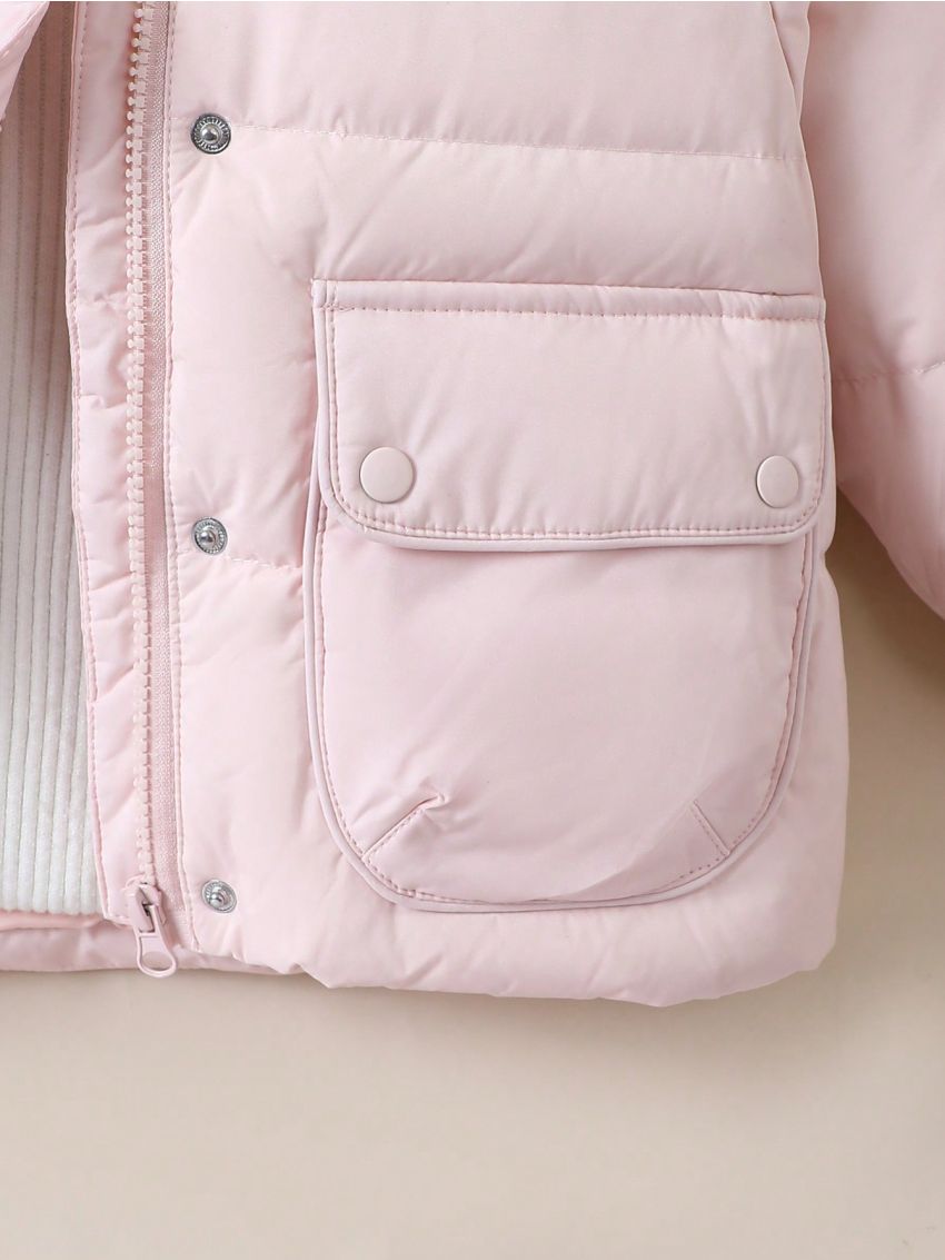 Young Girl Baby Letter Patched Detail Flap Pocket Raglan Sleeve Hooded Down Coat