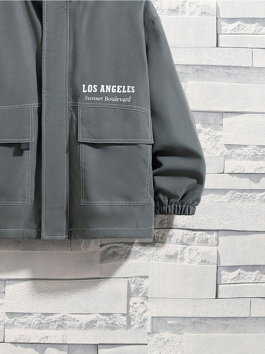 SHEIN Kids SPRTY Boys' Loose Fit Letter Printed Hooded Fleece Lined Woven Jacket For Sporty Look