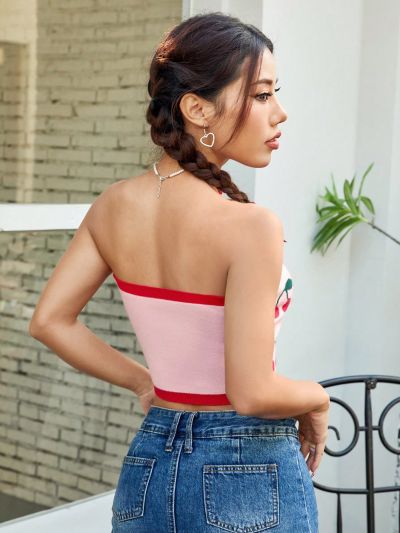 SHEIN Qutie Women's Cherry Pattern Strapless Knitted Top