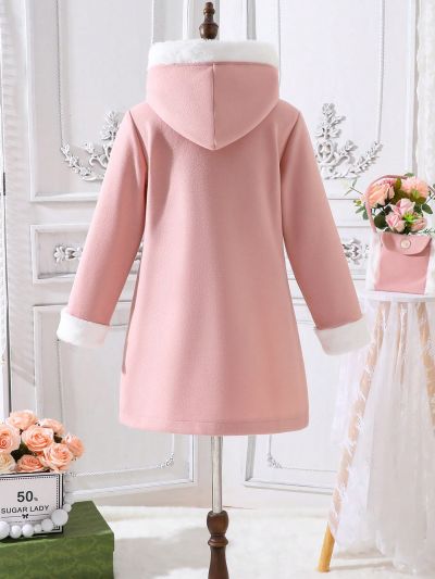 SHEIN Kids Nujoom Girls' Color Block Decorated Hooded Woolen Coat With Belted Waist And Pockets