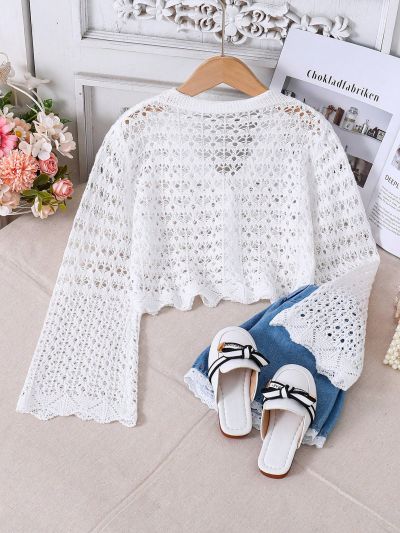 Tween Girls' Long Sleeve Hollow Out Open Front Cardigan