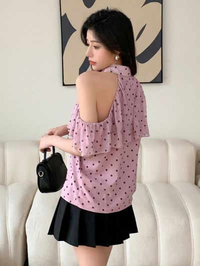 DAZY Polka Dot Print Off Shoulder Shirt With Tie Front