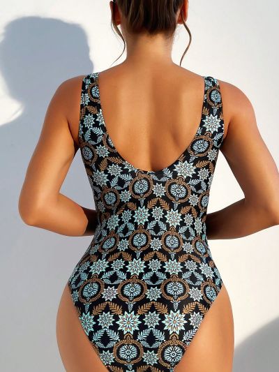 SHEIN Swim Summer Beach Plants Print One Piece Swimsuit