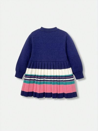 SHEIN Kids Nujoom Little Girls' Striped Sweater Dress With Ruffled Hem And Crew Neckline